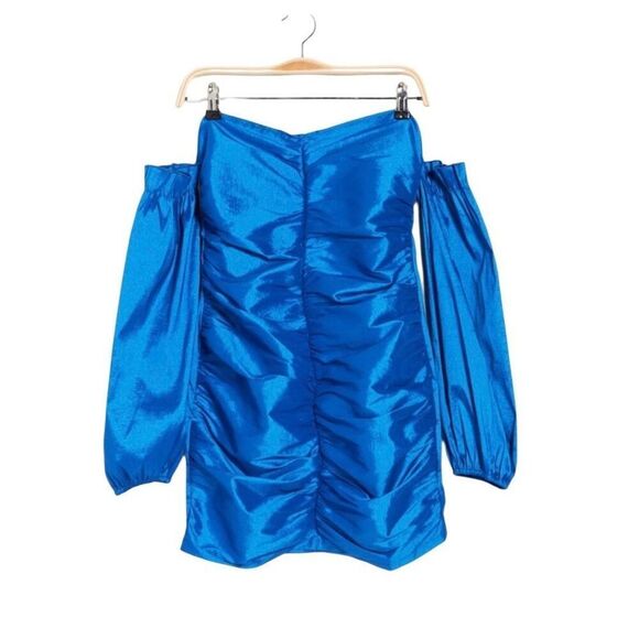 Area Stars Taffeta Ruched Off The Shoulder Long Sleeve Mini Dress Blue Size M - Picture 2 of 12